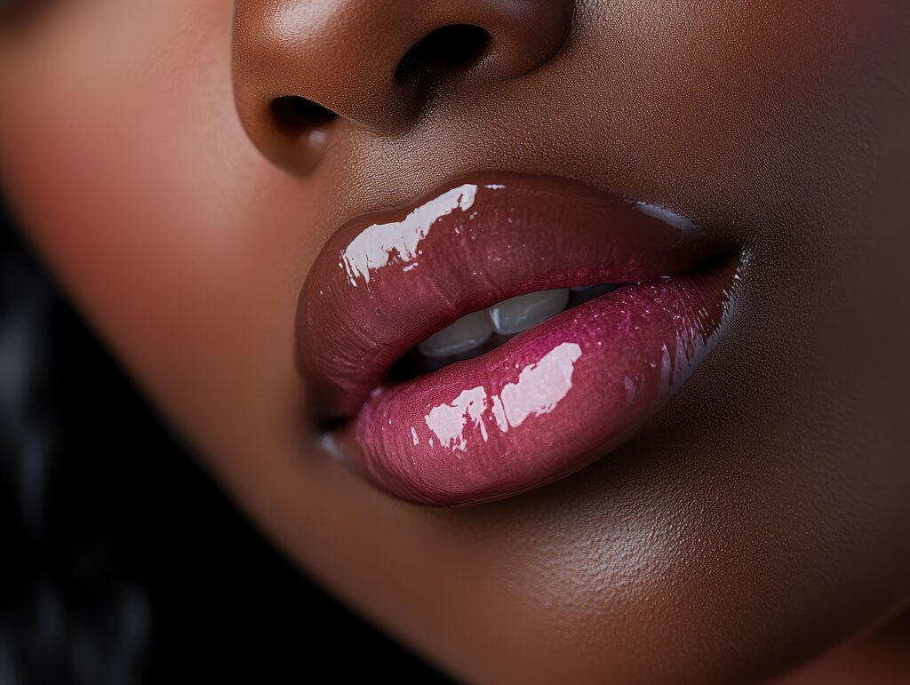 Closeup of woman's lips with glossy berry lipstick